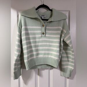 Ann Taylor Pale Green & White Striped Collared Knit Sweater